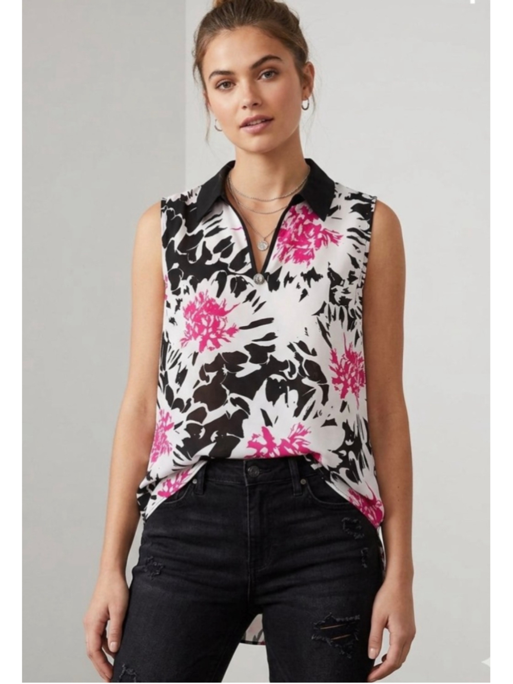 Women's Vince Camuto Sleeveless Blouse, Size L, White Black Pink Floral 1821